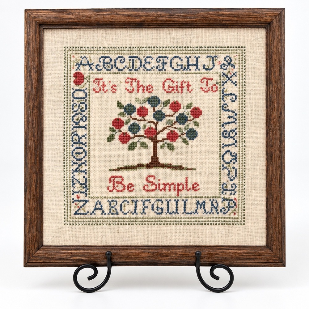 Vintage Cross Stitch Sampler Tis the Gift to be Simple Cottage Core Framed 12x12